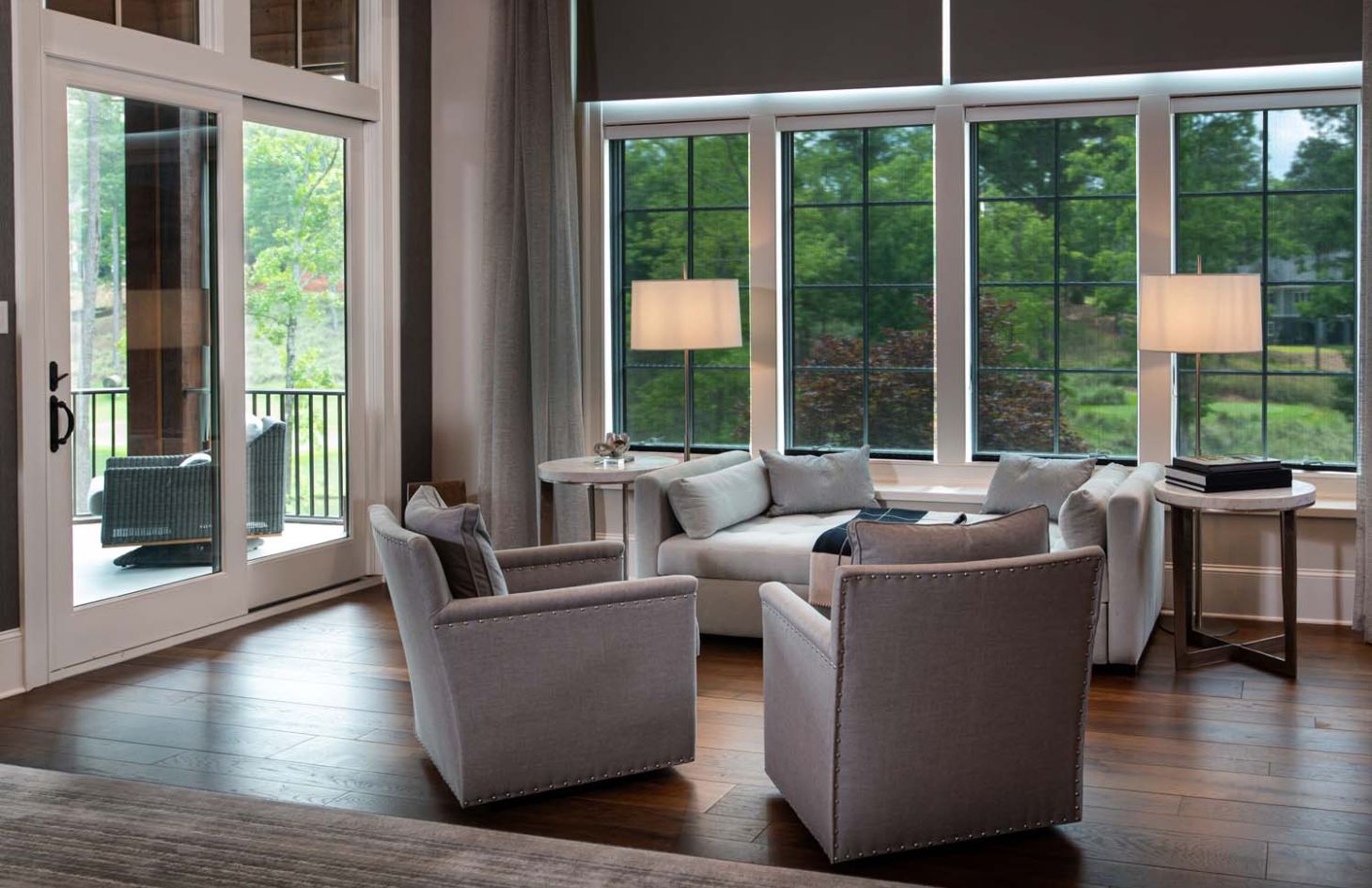 tv on stone fireplace on patio with wooden accents