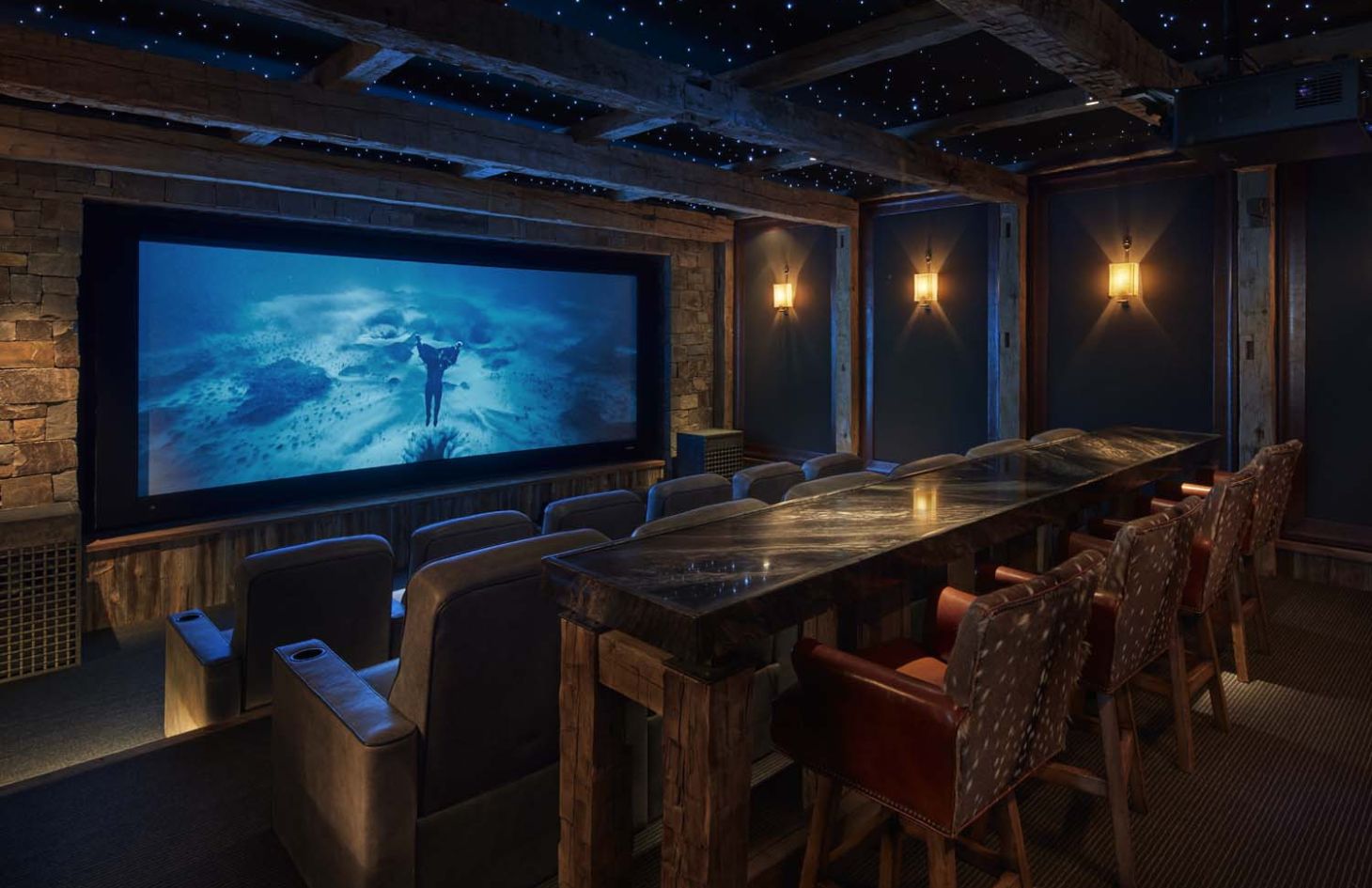 shot of patio outdoor with wooden accents and tv on wall