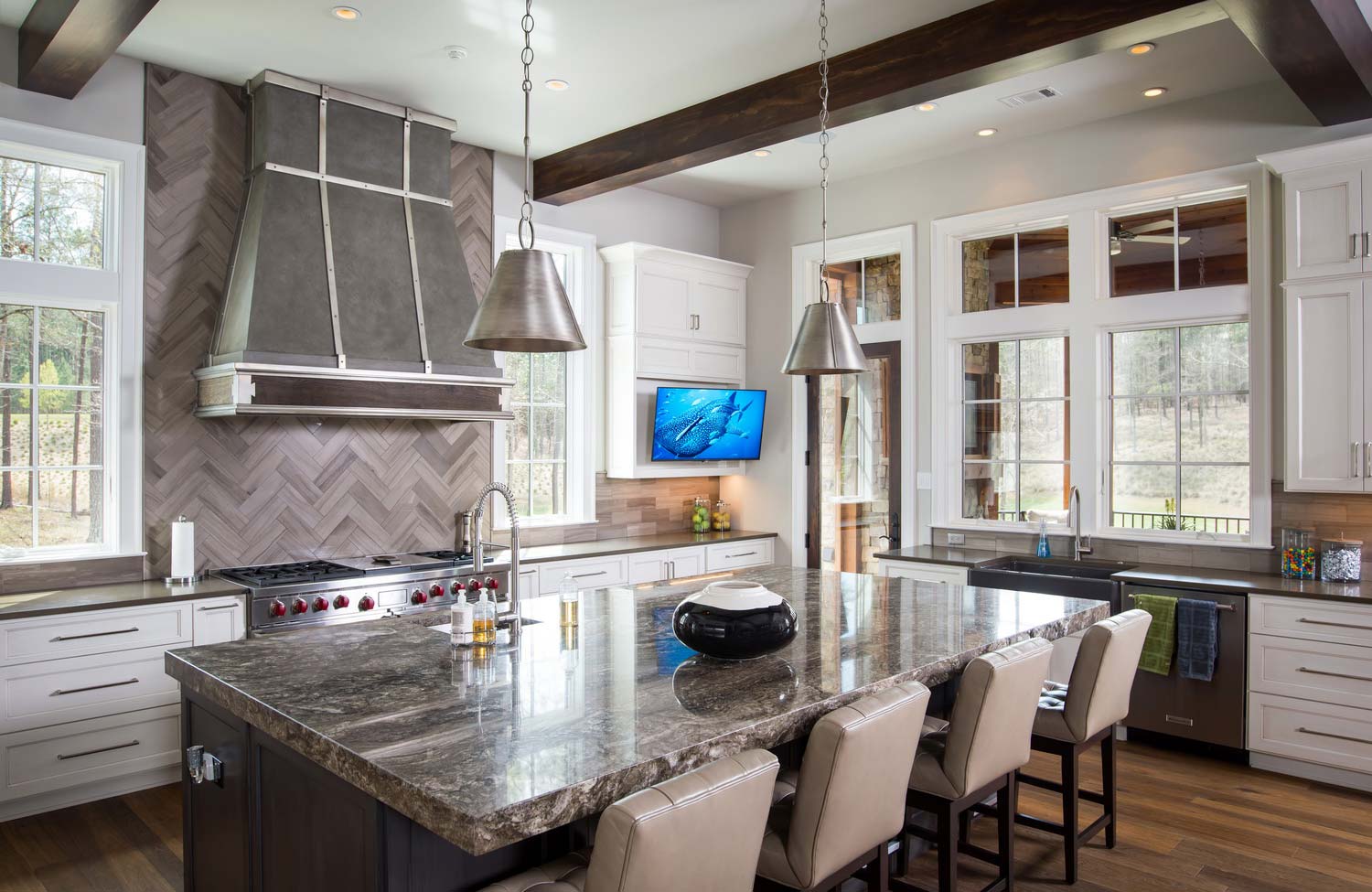 Kitchen with metal accents and wooden floors